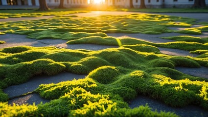 Poster - green moss covering concrete surface with warm sunlight during sunset creating natural texture and v