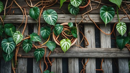 Poster - Green leaves of Philodendron on wooden lattice background with clay pot and visible tendrils Copy Space