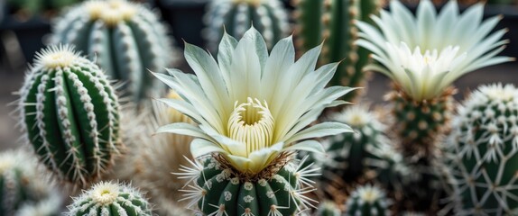 Poster - Close-up of blooming cactus flowers among various cacti species with spines in a natural setting Copy Space