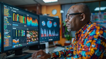Poster - Focused individual in a colorful shirt examines multiple screens displaying financial data and market analysis in a busy office environment during work hours