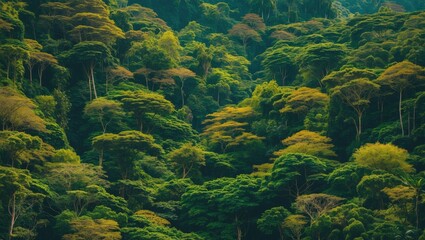 Poster - lush green tropical forest canopy with varied tree species and foliage textures in natural sunlight 