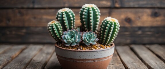 Poster - cacti and succulent arrangement in terracotta pot with wooden background displaying natural textures