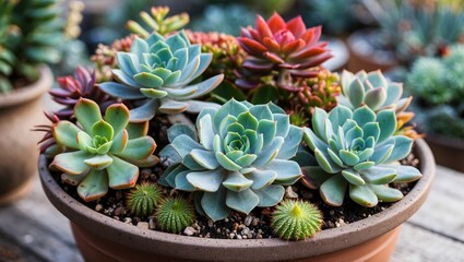 Poster - Colorful succulent plants in a round brown pot with various textures and shapes on a wooden surface with natural light Copy Space