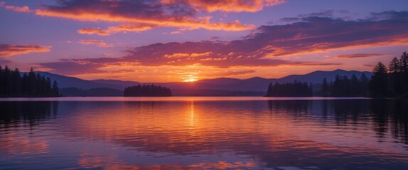 Poster - Sunset over calm lake with vibrant clouds reflecting on water surface near forested mountains in a tranquil landscape Copy Space