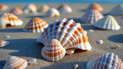 Poster - Close-up of assorted sea shells on sandy beach with soft focus background Copy Space