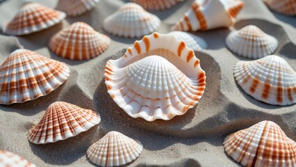 Poster - Close-up of various seashells on sandy beach surface with detailed textures and patterns Copy Space
