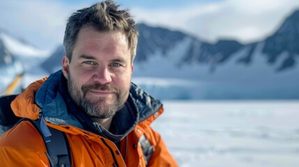 Poster - A man dressed in an orange jacket stands against a stunning backdrop of glaciers and mountains, enjoying the clear weather in the Arctic environment.