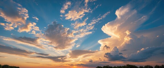 Poster - Dramatic sunset sky with vibrant clouds and rays of sunlight casting over landscape Copy Space