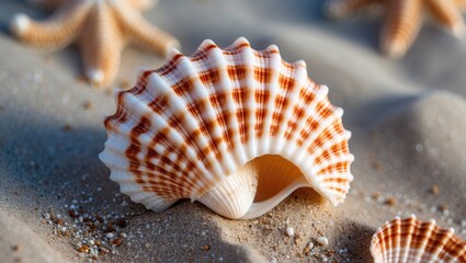 Poster - Close-up of a scallop shell with striped pattern on sandy beach background with starfish and small pebbles visible Copy Space