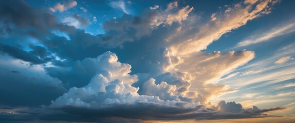 Poster - Dramatic sunset sky with cumulus clouds illuminated by soft sunlight and blue sky during golden hour Copy Space