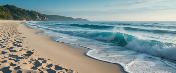Poster - Serene beach scene with gentle waves lapping on sandy shore under clear sky with distant hills and soft light Copy Space