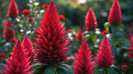 Poster - vibrant red tropical flowers in a lush green garden setting with blurred background and ample copy s