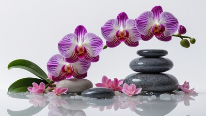 Poster - Orchid flowers with pebbles and leaves arranged for zen decoration reflection on water surface with copy space for text