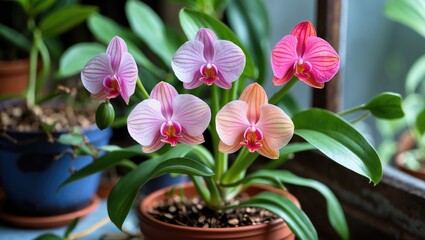 Poster - Phalaenopsis orchids in various shades of pink blooming in terracotta pots with lush green foliage and natural light. Copy Space
