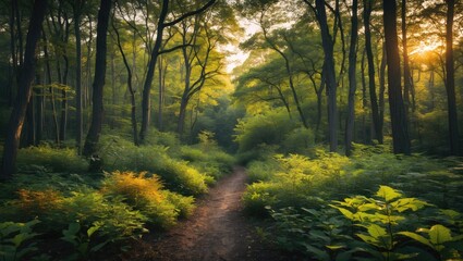 Poster - Lush forest path with vibrant foliage and sunlight filtering through trees creating a natural serene atmosphere Copy Space