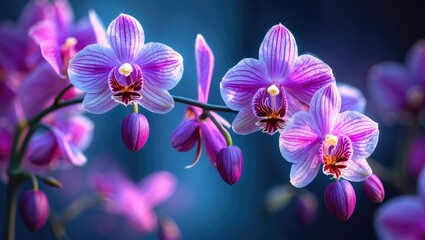 Poster - vibrant purple orchids on a blurred blue background showcasing delicate petals and buds with copy sp