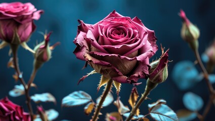 Poster - Close-up of vibrant purple rose with petals and buds against a dark blue background Copy Space