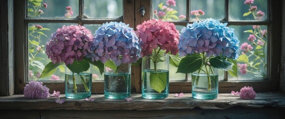 Poster - Hydrangea flowers in glass vases on windowsill with natural light and soft focus background showcasing colorful blooms and greenery Copy Space