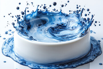 Poster - Blue liquid creates striking splash effect in white container on smooth surface