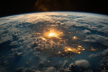 Poster - Distant view of Earth at night highlighting city lights and cloud formations from the perspective of space