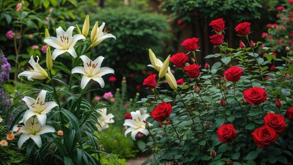 Poster - vibrant garden scene featuring white lilies and red roses surrounded by lush green foliage with natu