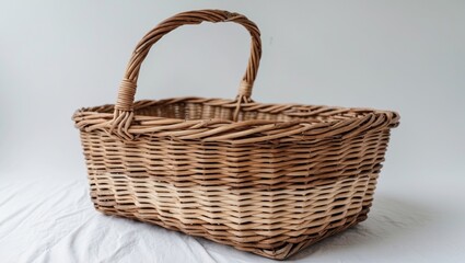 Poster - Woven wicker basket with curved handle on a light background displaying natural textures and colors Copy Space