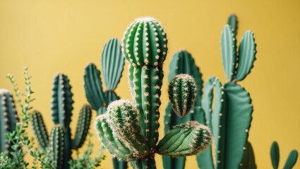 Poster - cactus plants with spines against a bright yellow background with green foliage copy space