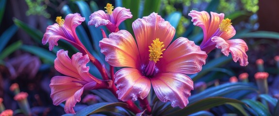 Poster - Vibrant close-up of colorful tropical flowers with delicate petals and yellow stamens on lush green foliage background Copy Space