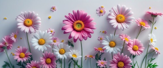 Poster - Colorful arrangement of pink and white daisies on a light background with additional small flower petals and ample Copy Space