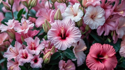 Poster - close-up of various hibiscus flowers in shades of pink and white with lush green foliage floral arra