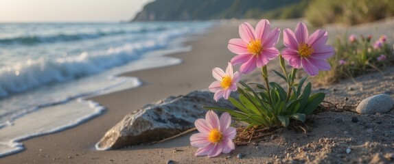 Poster - Pink flowers growing on sandy beach with gentle waves and rocky shoreline under soft sunlight during sunset. Copy Space