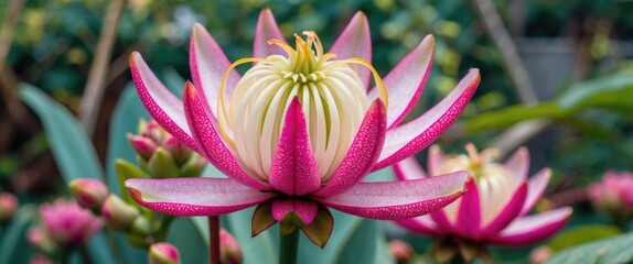 Poster - Pink water lily in bloom with layers of petals and green foliage providing background with Copy Space.