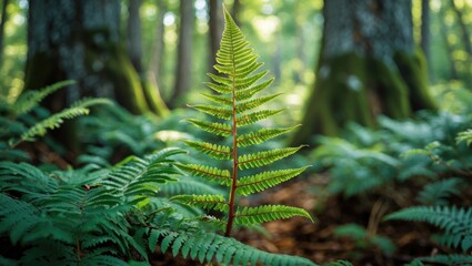 Poster - Lush green fern in a forest setting with soft focus background and ample copy space for text placement