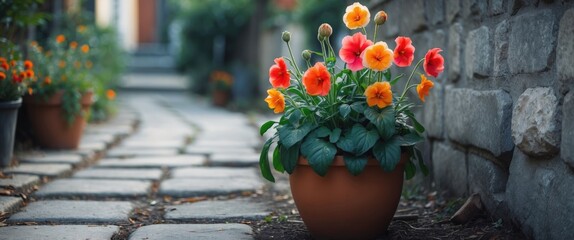 Poster - colorful flowers in a brown pot on stone pathway with greenery in background and cobblestone texture