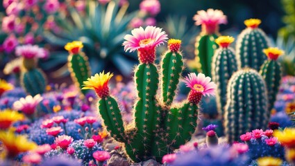 Poster - colorful blooming cacti with vibrant flowers in a desert garden setting surrounded by various succul