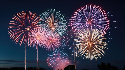 Poster - Colorful fireworks display against a dark blue sky during night celebration with multiple bursts and copy space for text
