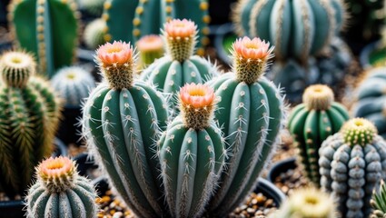 Poster - Cacti with Pink Flowers in Greenhouse Setting Succulent Plants with Spines and Texture Nature Details Copy Space