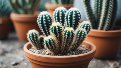 Poster - group of cacti in terracotta pots with textured surfaces and distinctive spines against a blurred ba
