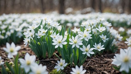 Poster - Blooming white flowers in a lush green field during springtime with blurred background and natural light Copy Space