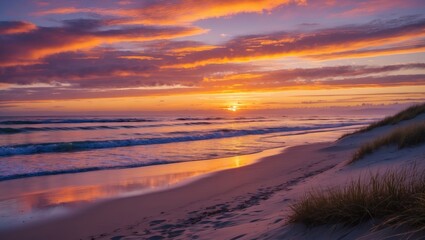 Poster - Colorful sunset over the ocean with waves and sandy beach featuring grass along the shoreline Copy Space