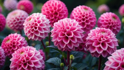 Poster - vibrant pink dahlia flowers in full bloom showcasing intricate petal patterns in a garden setting wi