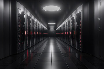 Poster - High-tech data center corridor with rows of servers illuminated by sleek lighting