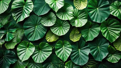 Poster - lush green tropical foliage pattern with diverse leaf shapes and textures on a dark background suita