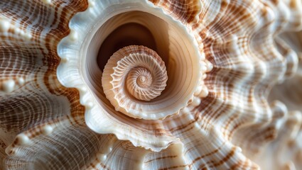 Poster - Close-up view of a detailed spiral seashell showcasing intricate patterns and textures with natural colors and Copy Space for text placement