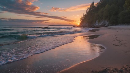 Wall Mural - Scenic view of a tranquil beach during sunset with gentle waves and reflections on sand, surrounded by trees and rocky formations, Copy Space