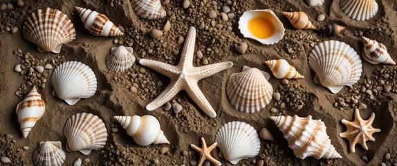 Poster - Assorted seashells and starfish arranged on sandy beach background with small pebbles Copy Space