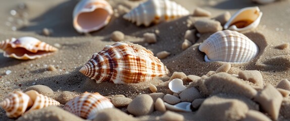 Poster - Sea shells and pebbles scattered on sandy beach surface with natural sunlight highlighting texture and colors. Copy Space