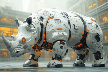 Poster - Robot rhinoceros in a futuristic urban setting showcases advanced technology and design in a vibrant environment