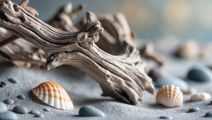 Poster - Driftwood and seashells arranged on sandy surface with pebbles in coastal environment natural decor Copy Space