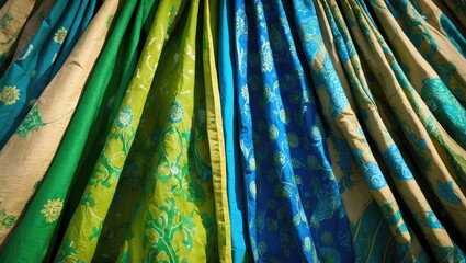 Poster - Colorful fabric drapes in various shades of green and blue with intricate patterns and textures, suitable for textiles or design projects. Copy Space
